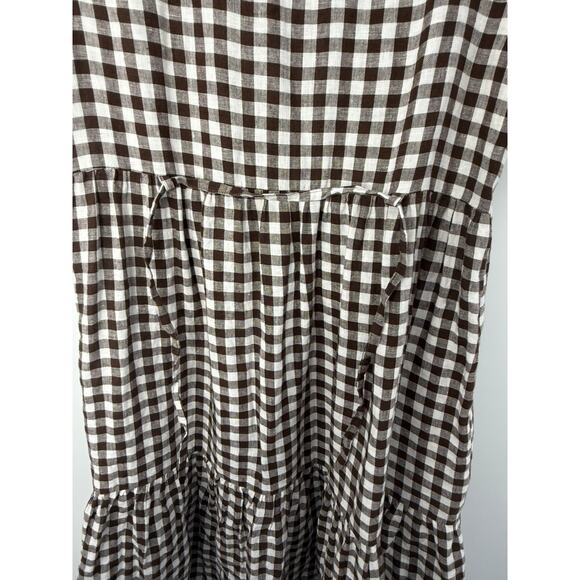 Not Perfect Linen Brown Gingham V-Neck Button Front Linen Midi Dress L - Picture 7 of 10